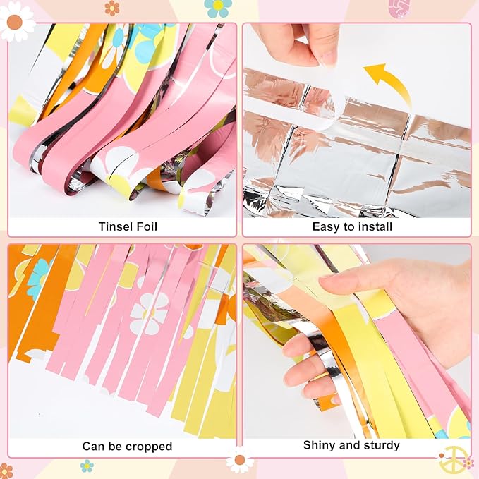 2 Packs Groovy Party Decoration 3.3 x 6.6 ft Two Groovy Party Decorations Hippie Boho Foil Fringe Curtain Retro Daisy Tinsel Streamers for Boho Hippie Groovy Retro Themed Birthday Party Decor