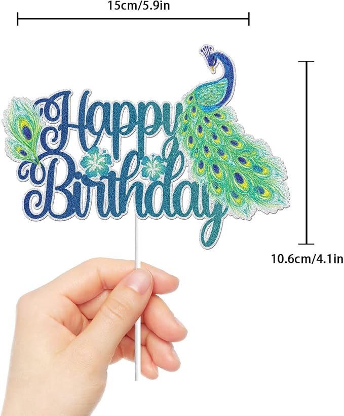 Peacock Happy Birthday Cake Topper Blue Colorful Glitter Peacock Zoo Animal Party Cake Decor Zoo Bird Theme Birthday Party Supplies for Kids Boys Girls