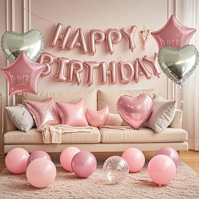 27 Pcs Pink Silver Birthday Decorations, 3D Letters Pink Happy Birthday Balloon Banner, Pentagram Heart Foil Balloons Confetti Balloons Kit For Boys Girls Party Supplies