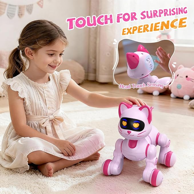 Robot Cat Toy for Kids, Interactive Robot Kitty with Touch Sensing, Remote Control Cat Robot Singing, Dancing, Walking, Sliding, Programmable Smart Pink Robotic Cat Pet for Girls