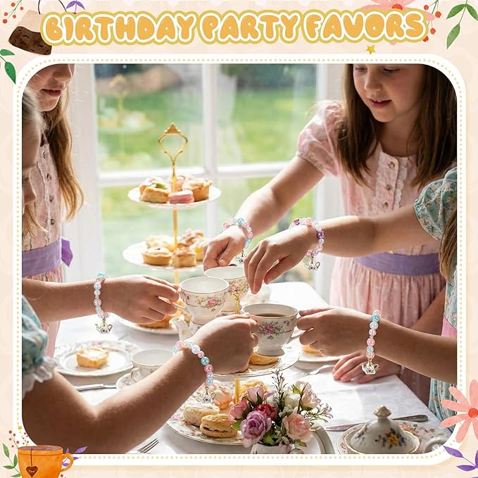 Ecally 24 Pcs Tea Party Favors Bracelet Bulk Tea Pot Beaded Bracelet Party Supplies Pendant Accessories Decorations for Kids Girl