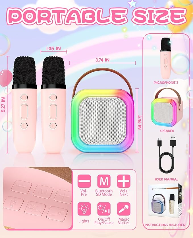 Kids Karaoke Machine for Microphone Toys Gifts for Teen Girls Age 6-8 for Kids 4 5 7 9 6 8 10 Year Old with 2 Microphone Birthday Ideas