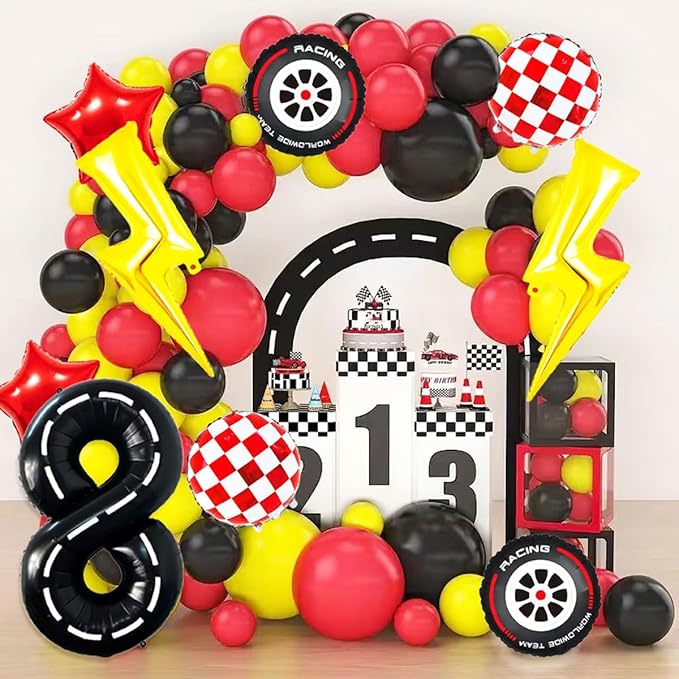 Race Car Birthday Party Decorations Large Lightning Bolt Foil Balloons Race Car Balloons 40 Inch Racetrack Number 8 Balloon for Boys 8th Race Car Birthday Party Decor Supplies
