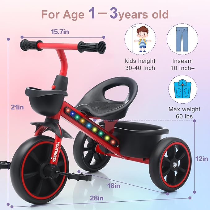 Kids Tricycle with Colorful LED Lights for Toddlers 1-3 Years, Stable 3-Wheel Design & Storage Basket for Fun Indoor Outdoor Ride, Gift for Baby Boy Girl
