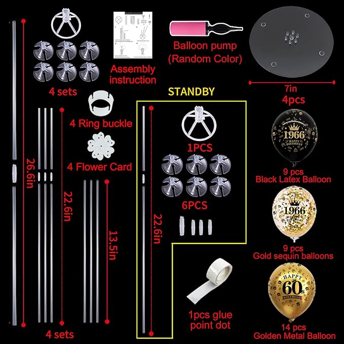 TONIFUL 4 Set 60th Birthday Decorations 1966 Balloon Centerpiece for Table,Black Gold Balloon Stand Kit,Perfect for celebrating born in 1966,Cheers to 60 Years Birthday for Men and Women