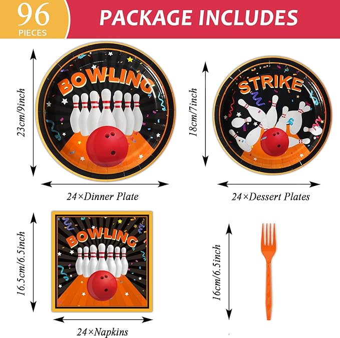96 Pcs Bowling Party Supplies Paper Plates Napkins Tableware Set Bowling Party Birthday Decorations Favors for Boy or Girl Serves 24