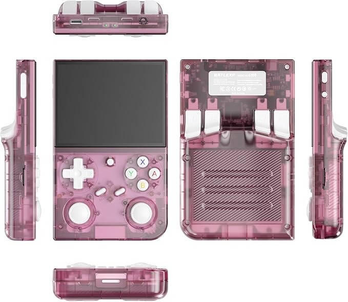 G350 Retro Handheld Game Console , Preload 4371 Games 3.5 Inch IPS Screen 3200 mAh Battery Linux System Portable Video Games Console Support Controller and Earphone (Transparent Pink)