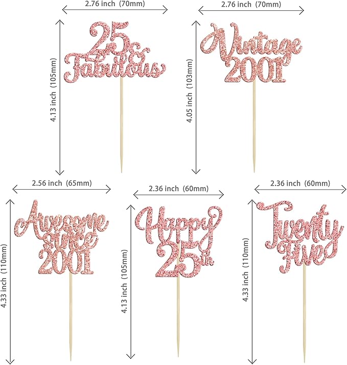 30Pcs Vintage 2001 Cupcake Toppers Glitter Twenty-Five 25 Fabulous Happy 25th Birthday Cupcake Picks Awesome Since 2001 Cake Decorations for 25th Birthday Retirement Party Supplies Rose Gold