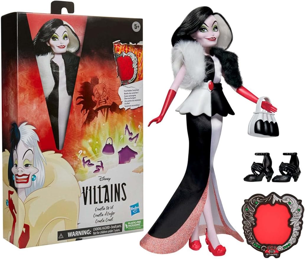 Disney Princess Villains Cruella De Vil Fashion Doll, Accessories and Removable Clothes, Disney Villains Toy for Kids 5 Years Old and Up