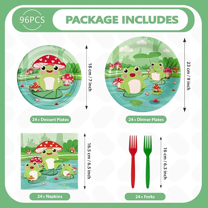 96Pcs Frog Party Supplies Frog Birthday Plates and Napkins Green Animals Tableware Set for Kids Boy Girl Fairy Tale Prince Theme Frogs Birthday Baby Shower Party Supplies，Serves 24