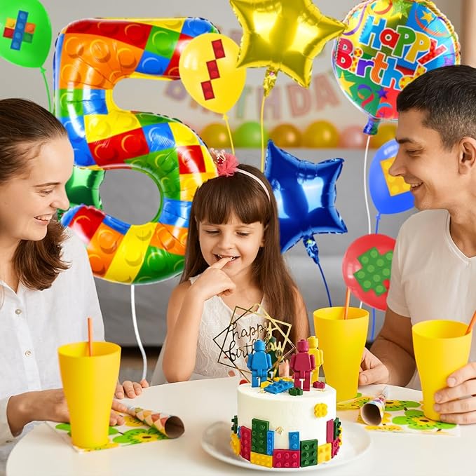 40 Inch Building Block Number Balloon, Colorful Number Block Foil Number 5 Balloons Large Big Numbers Helium Balloon for Girls Boys 5th Birthday Brick Theme Party Decorations (Number 5)