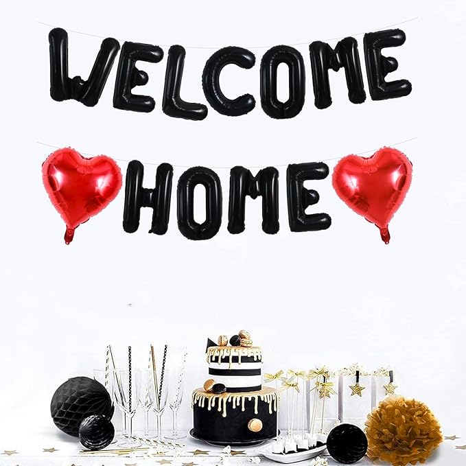 TONIFUL Welcome Home Balloons,16 Inch Black Welcome Home Foil Balloons Banner Welcome Home Party Decorations for Homecoming Party Decorations House Warming Party Family Gathering Supplies