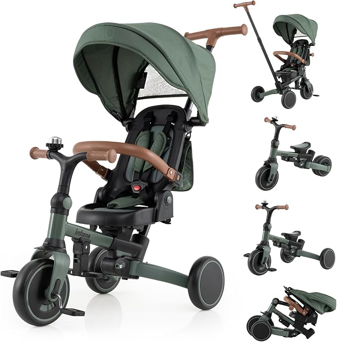 INFANS 9-in-1 Foldable Toddlers Tricycle, Converts Stroller to Balance Bike with Adjustable Push Handle, Canopy & Backrest, Pedal Conversion, Retractable Rear Wheels for 1-6 Years (Green)