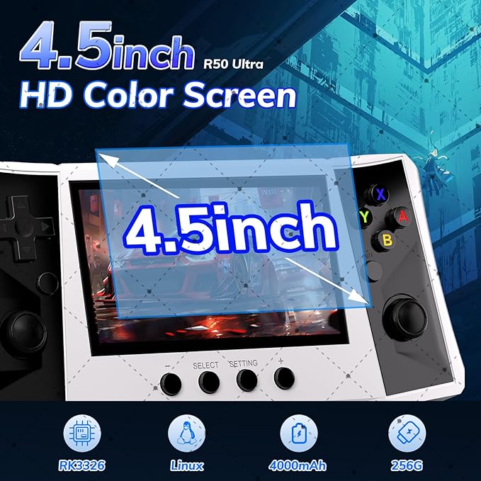 RegiisJoy R50 Ultra 50000 in 1 Handheld Game Console, 4.5 Inch IPS Screen Retro Gaming Consoles Main Emulators, Portable Mini Pocket Arcade 4000mAh Battery,256G TF Card,Linux System