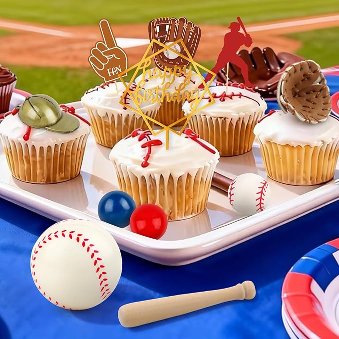 Baseball Cake Decorations 26PCS Baseball Cake Toppers for Boys Sports Theme Party Decoration with Baseballs Bat Glove Hat Player Red White Blue Balls for Baseball Themed Birthday Party Decorations