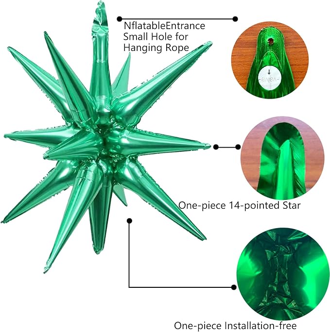 6 Pcs Green Star Foil Balloons One-Piece 14-Pointed Star Balloon 4D Cone Mylar 22inch Christmas Birthday Wedding Fireworks Shape Party Supplies (Green)
