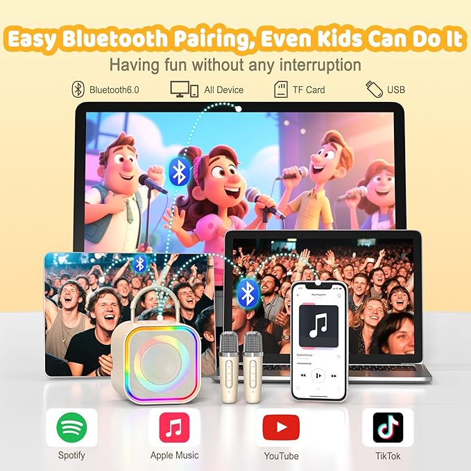 Karaoke Machine,Mini Karaoke Machine with 2 Wireless Mics (Built-in Storage),Portable Bluetooth Speaker, Fun Voice Effects/Dynamic LED Lights -Christmas Birthday Gifts for Girls Ages 4-12 -Beige