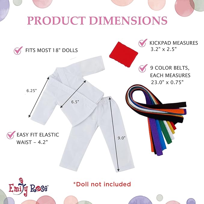 Emily Rose 18 Inch Doll Karate Outfit – 11 Pc Martial Arts Taekwondo Doll Clothes & Accessories Set with 9 Ranking Belts, Gi Uniform, Kick Pad, Gift Boxed from Trusted USA Brand (No Doll)