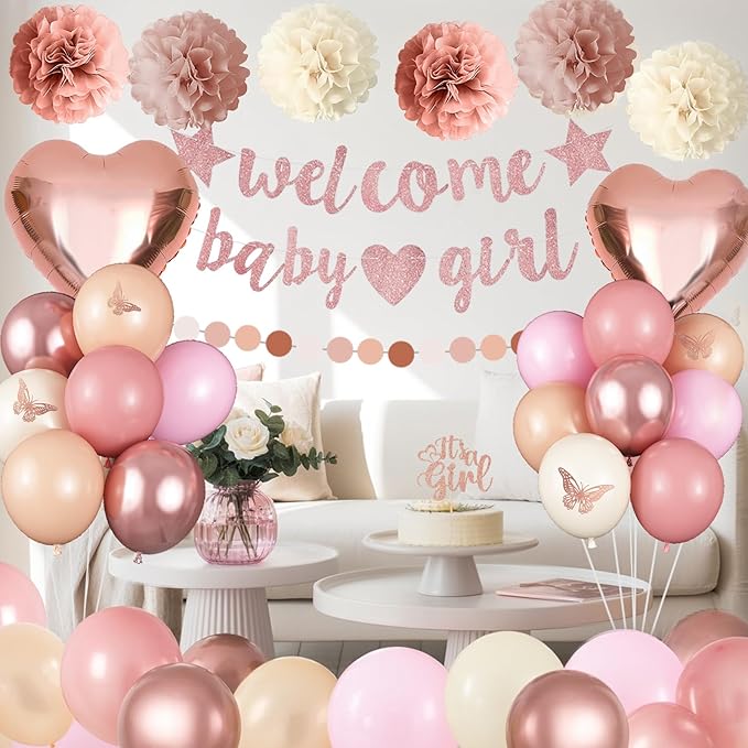 Pink Baby Shower Decorations for Girl, Boho Dusty Blush Pink Rose Gold Beige White Latex Balloons Welcome Baby Banner Its A Girl Cake Topper Pom Poms Fringe Curtain for Girls Birthday Party Decoration