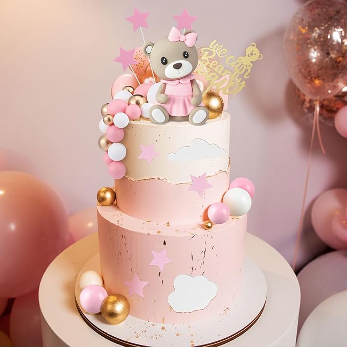Yinder 37 Pcs Bear Cake Decoration Toppers for Baby Shower Decorations with Balls We Can Bearly Wait Happy Birthday Mini Bear Figurine Cake Party Birthday Supplies (Novel)