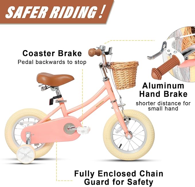 Petimini Vintage Kids Bike for Girls, 12–20 Inch Classic Bicycle with Wicker Basket & Bell, High Tensile Steel Frame, Training Wheels (12–18”), 85% Pre-Assembled, Retro Bike for Outdoor Riding