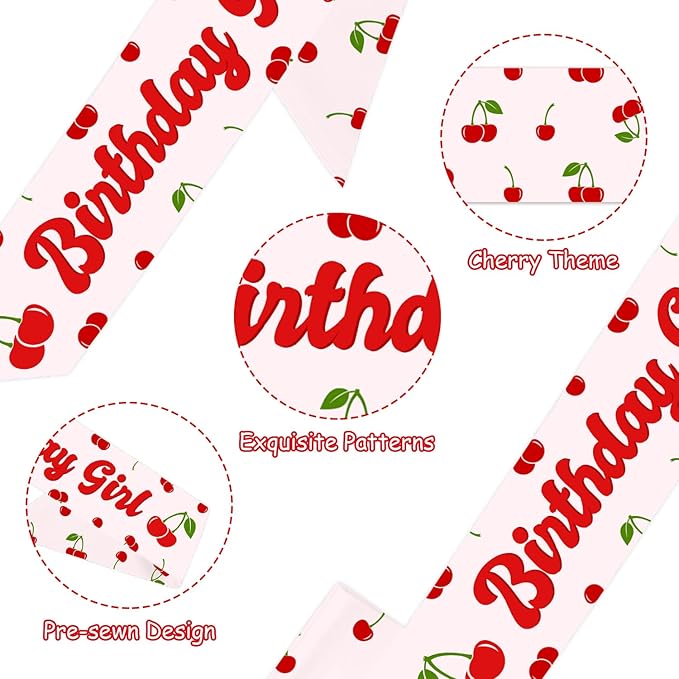 Cherry Birthday Sash, Cherry Birthday Party Decorations Cherry on Top Birthday Decor Cherry Sweet Birthday Girl Sash for Girls Berry Fruit Birthday Party Supplies