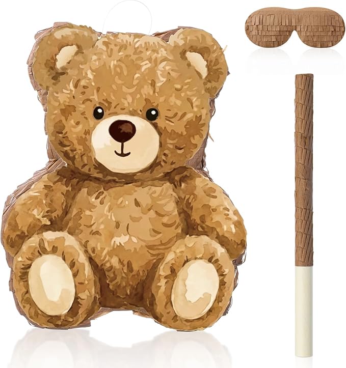 Bear Piñata Birthday Party Decorations Animal Birthday Party Supplies Brown Piñata with Blindfold Stick for Boys Girls Kids Valentine Baby Shower Decor Supplies Favors
