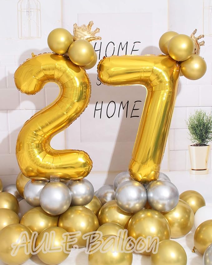AULE 40 Inch Large 27 Balloon Numbers Gold, Big Foil Number Balloons, Giant Helium Happy 27th Birthday Party Decorations for Man and Women, Huge Mylar 72 Anniversary Party Supplies