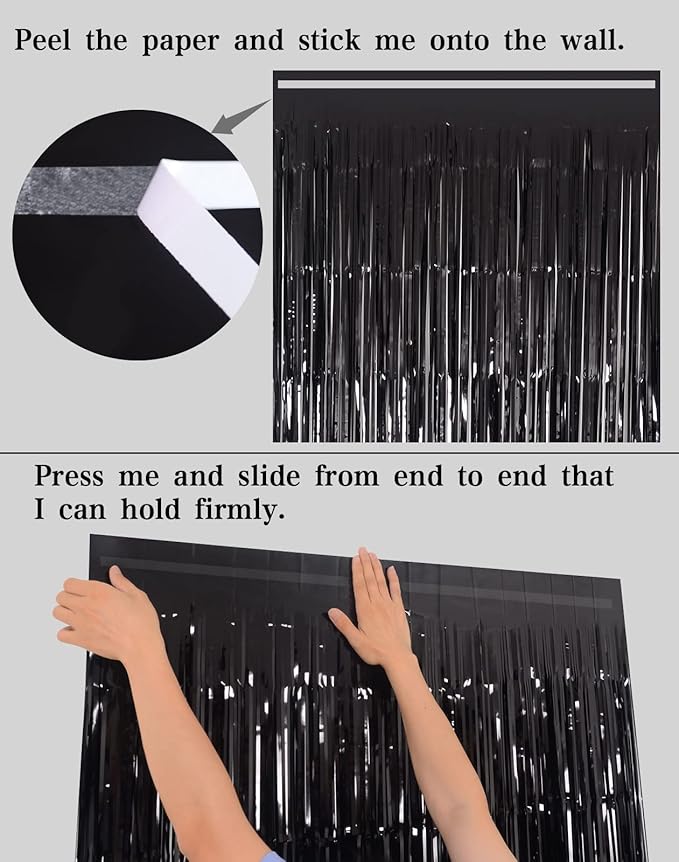 Black Tinsel Fringe Backdrop Curtains for Parties, Melsan 3.2 x 8 ft Black Streamer Photo Backdrop for Birthday, Graduations, New Year Eve Party Decor - Pack of 2