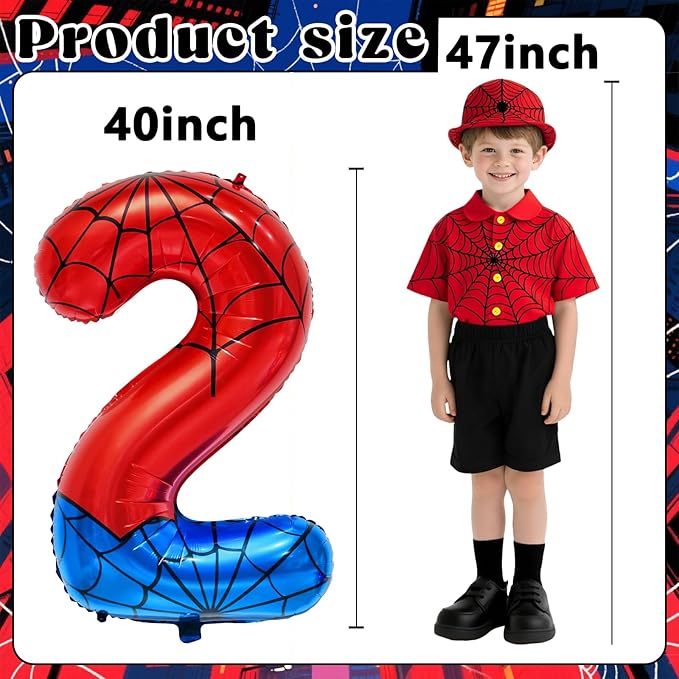 Spider Web Number 2 Balloon Birthday Decoration, Superhero Themed 40in Giant Mylar Number Party Supplies