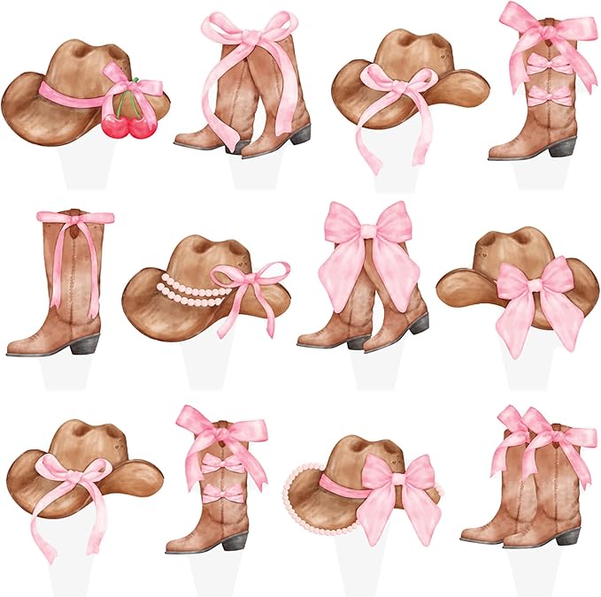 Cowgirl Boots and Hat Pink Bow Cupcake Toppers Coquette Cowgirl Cake Decorations 48PCS Boots and Hats Cupcake Picks Western Cowgirl Birthday Decorations for Girls Wild West Rodeo Party Supplies