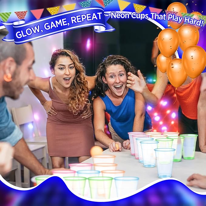 LemonRoad 50 Pack Blacklight Party Glow Cups 16 oz Plastic Neon Cups Disposable Glow in the Dark for Parties Birthdays 80s Themed Events(Multicolor)