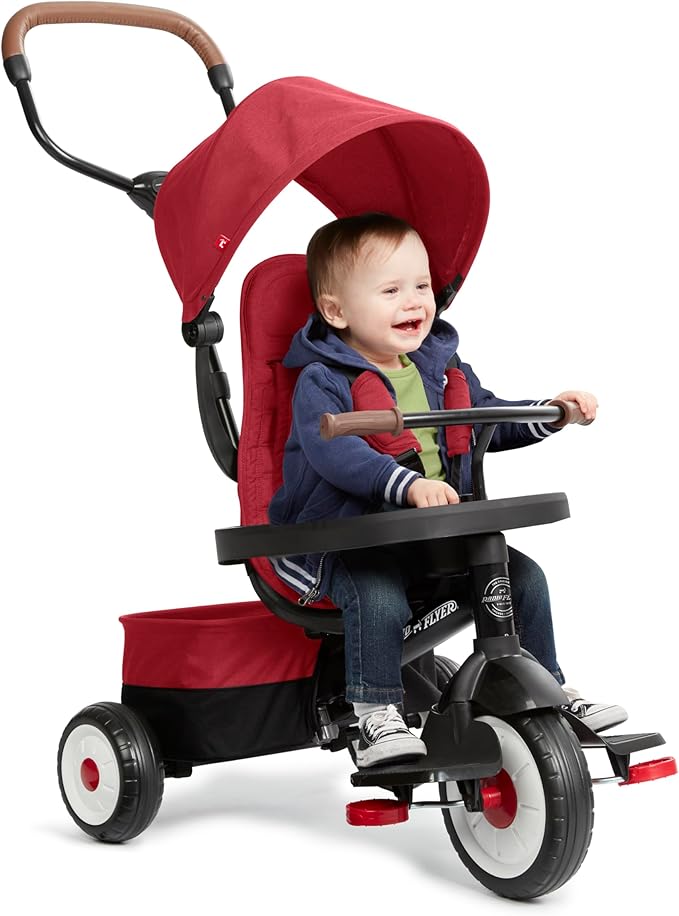 Radio Flyer City 4-in-1 Stroll 'N Trike, Red, for Riders 1-5 Years Old, 4 Riding Modes, 3 Point Harness with Comfort Pad, Parent Controlled Steering, Rear Storage, Stroller Tricycle for Toddlers