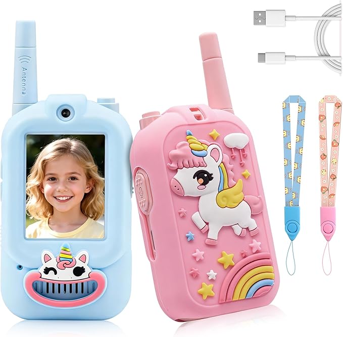 Video Walkie Talkies for Kids,2 Pack Rechargeable Walkie Talkies with Cute Silicone Cases,Long Range with Screen,Toys for Indoor Play,Camping, Hiking,Christmas Birthday Gifts for Boys Girls Ages 3-12
