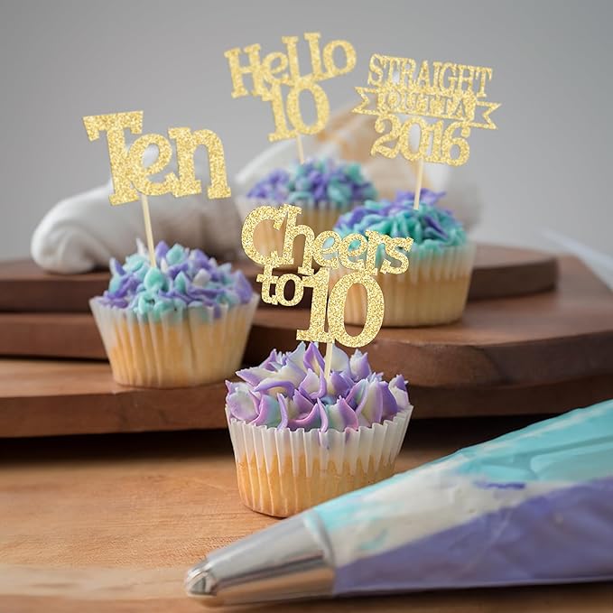 Ephlyn 24Pcs Happy 10th Birthday Cupcake Toppers Glitter Ten Cupcake Picks Hello 10 Cheers to 10 Years Cake Decorations for 10th Birthday Anniversary Party Decorations Supplies Gold