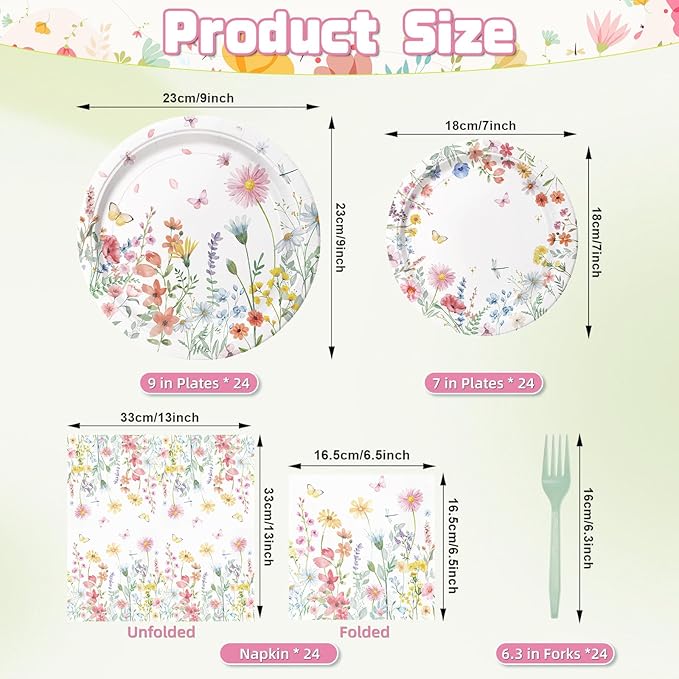 96 Pieces Spring Wildflower Floral Tableware Set – Garden Flower Disposable Plates, Napkins for Spring Birthday, Bridal Shower, Tea Party, and Mother’s Day Celebrations – Serves 24 Guests