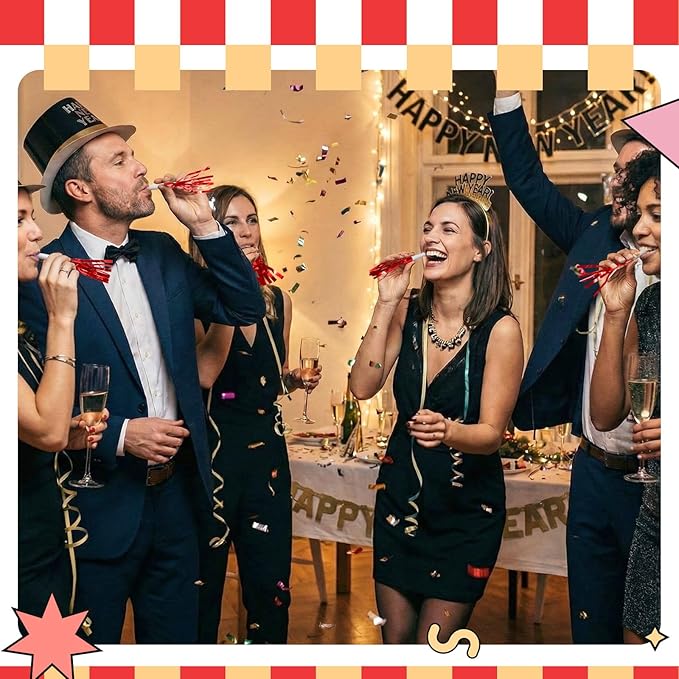 Sumind 24 Pcs Red Noise Makers Glitter Noise Makers Metallic Fringed Party Blowers for Adults Birthday Graduation Sporting Events 2026 New Years Party Favor Supplies