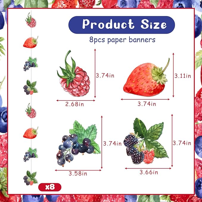 Kreatwow Berry Party Banner Streamer 8Pcs Berry Party Decorations Strawberry Blueberry Birthday Decoration Fruit Jamberry Banner Sweet Fruit Theme Decor for Strawberry Blueberry Birthday Baby Shower