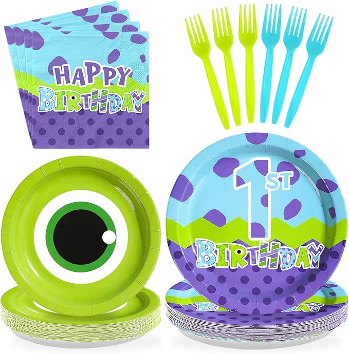96Pcs Monster Birthday Party Supplies 1st Monster Theme Party Plates and Napkins Disposable Green and Purple Cartoon Tableware Set for Kids 1st Birthday Baby Shower Decorations Serves 24
