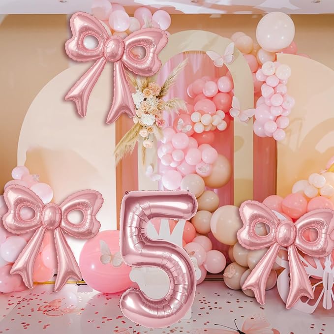 Bow Number 5 Birthday Balloons, 40" Pink Aluminum Foil Balloons Happy Birthday Balloon for Girl 5th Birthday Party, Princess, Coquette Party Decorations Supplies