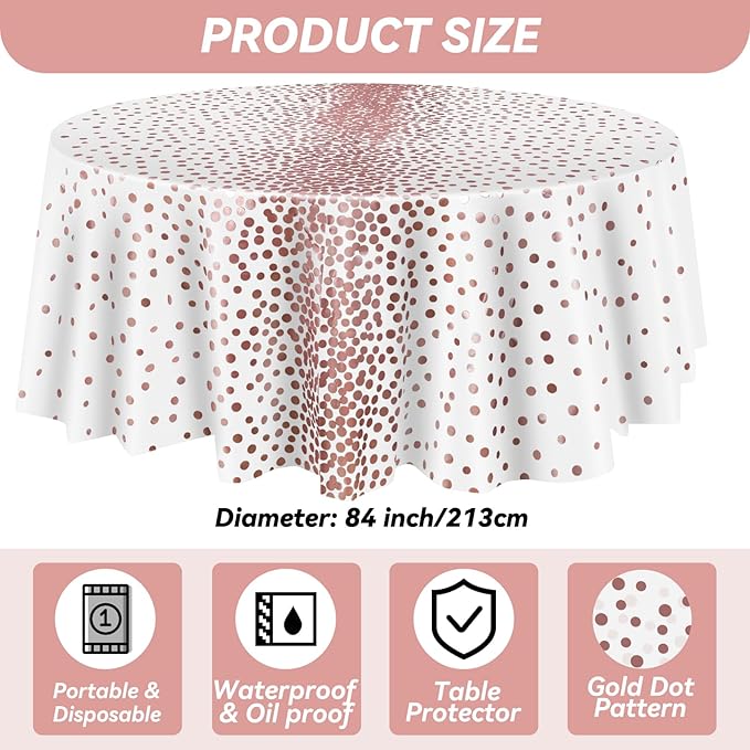 VitalCozy Round Dot Tablecloth 84 Inch Plastic Table Cover Polka Dot Confetti Tablecloths for Easter 2026 Graduation Prom Wedding Birthday Spring Party Supplies(White and Rose Gold,3 Pcs)