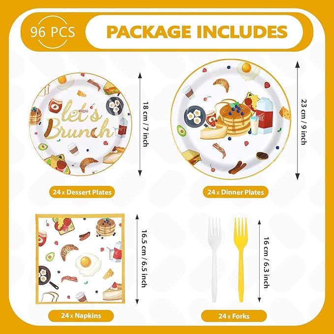 96Pcs Let's Brunch Party Supplies Breakfast Food Theme Plates and Napkins Brunch Tableware Set for Birthday Baby Shower Bachelorette Bridal Shower Party Supplies，Serves 24