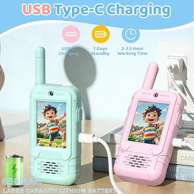 2 Pack Rechargeable Video Walkie Talkies for Kids - Long Range 2-Way Radios with Built-in Torch Light, Belt-Clip Design, Video Intercom & Voice Effects, Gifts & Toys for 3-12 Boys Girls