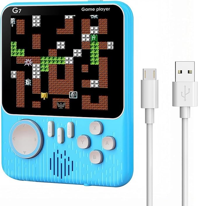 G7 Retro Handheld Game Console, Portable Gaming Device with USB Cable, Blue Color, Classic Arcade Style Display, Built-in Games