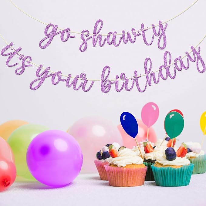 Go Shawty It's Your Birthday Banner, Hip Hop Birthday Party Decorations Supplies, Rap Theme Bday Bunting Sign, Pre-strung, Photo Props (Purple)
