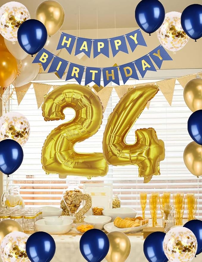 24th Birthday Decorations for Men, Blue Birthday Banner Gold Number 24 Foil Confetti Balloons Metallic Latex Confetti Balloons for Men Him Women Her 24 Years Old Birthday Supplies(24th)