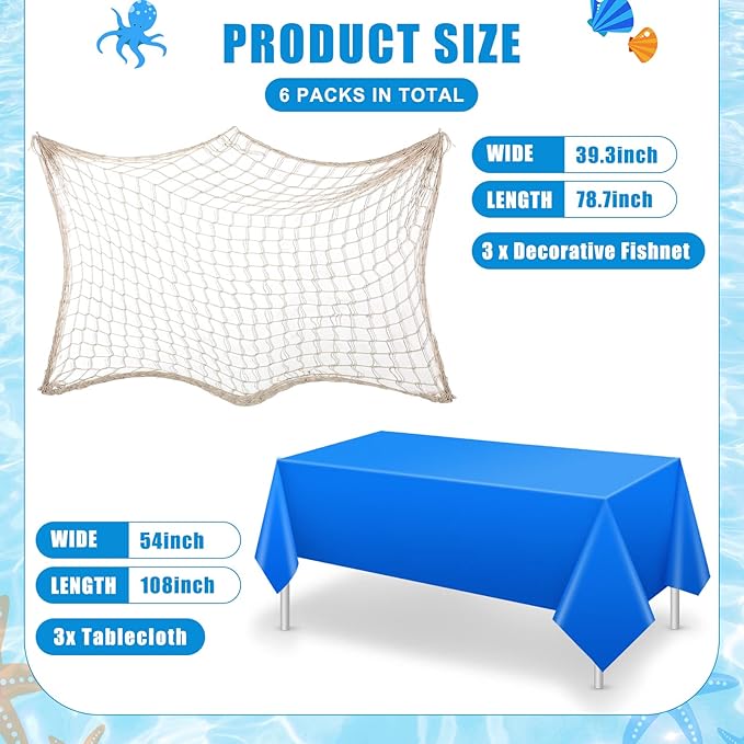 6 Pack Fish Net Decorative and Tablecloth Set, Cotton Fishnet and Plastic Table Cover Decorations Set for Nautical Themed Party Baby Shower Pirate Decorations Mermaid Party Supply (Dark Blue)