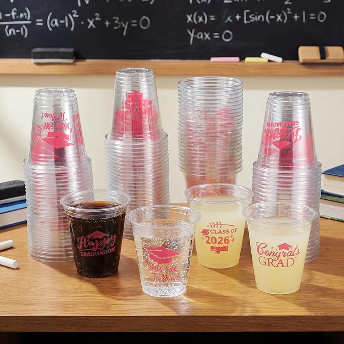 Eaasty 100 Pcs 12oz Graduation Cups 2026 Disposable Plastic Cups for Class of 2026 Graduation Party Congrats Grad Elegant Party Supplies Tableware Decorations (Pink)