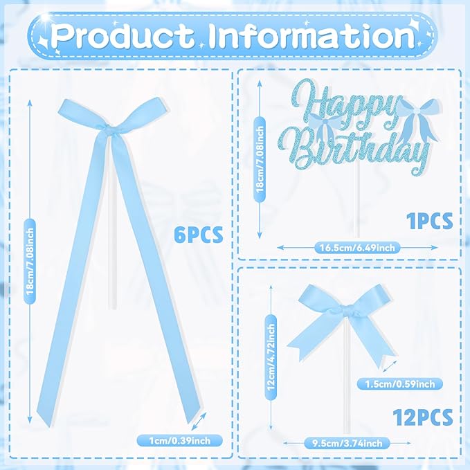 Blue Bow Birthday Decorations with Happy Birthday Sign, 6Pcs Ribbion Bow Cake Topper & 12Pcs Bow Cupcake Toppers, Bow Party Cake Decor, Tying the Knot Bridal Shower Party Supplies