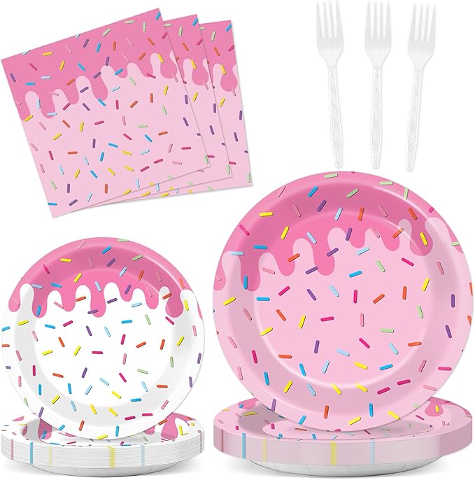 96Pcs Pink Donut Confetti Party Plates and Napkins Themed Decorations Spring Pink Donut Dessert Plates Donuts Tableware Set for 24 Guests Grow Up Themed Baby Shower Party Favors Supplies